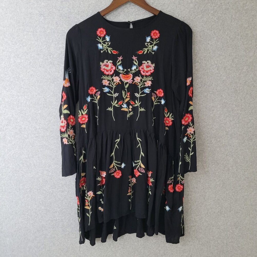 Zara Womens Midnight Garden Black Floral Embroidered Swing Dress Size M/L Boho - Picture 1 of 14